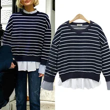 Повседневная полосатая женская футболка с длинным рукавом из хлопка, летняя футболка с круглым вырезом и расклешенными рукавами, летние топы