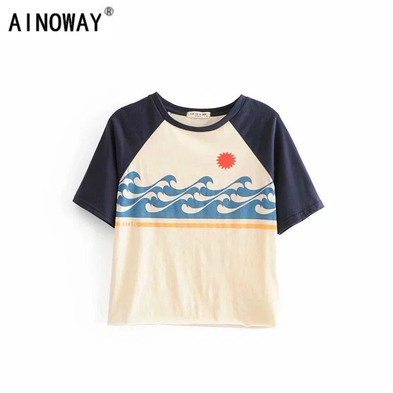 

Boho fashion vintage chic women patchwork color short sleeve t-shirt ladies crop tops cottonTee shirt camiseta feminina