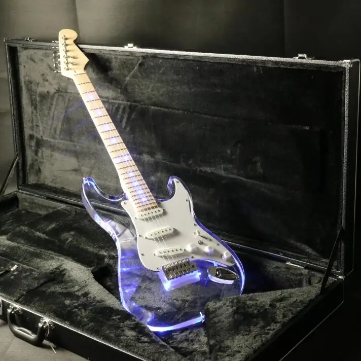 

ST Crystal Electric Guitar Acrylic Body LEd Light Blue Color Maple Frets Light Free Shipping Tremolo Brige