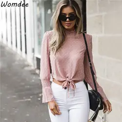Для женщин Мода 2018 Новый Элегантный Dot шифон блузки со стоячим воротником оборками с длинным рукавом Дамы Повседневное Топы Розовые Блузы
