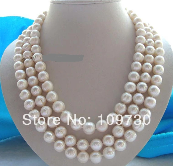 

Jewelry 002394 3Rows Natural 11-12mm White Pearl Necklace 14KGP