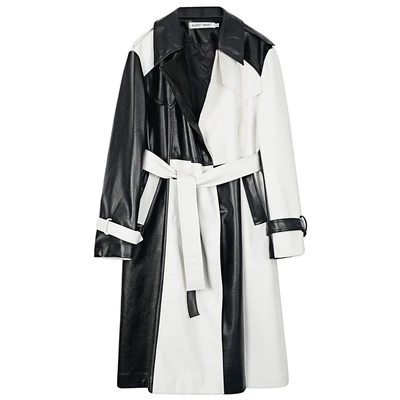 Модное Оригинальное весеннее кожаное пальто больших размеров, женское черное, белое, комбинированное, ветровка, пояс на талии, искусственная кожа, длинное пальто - Цвет: as shown