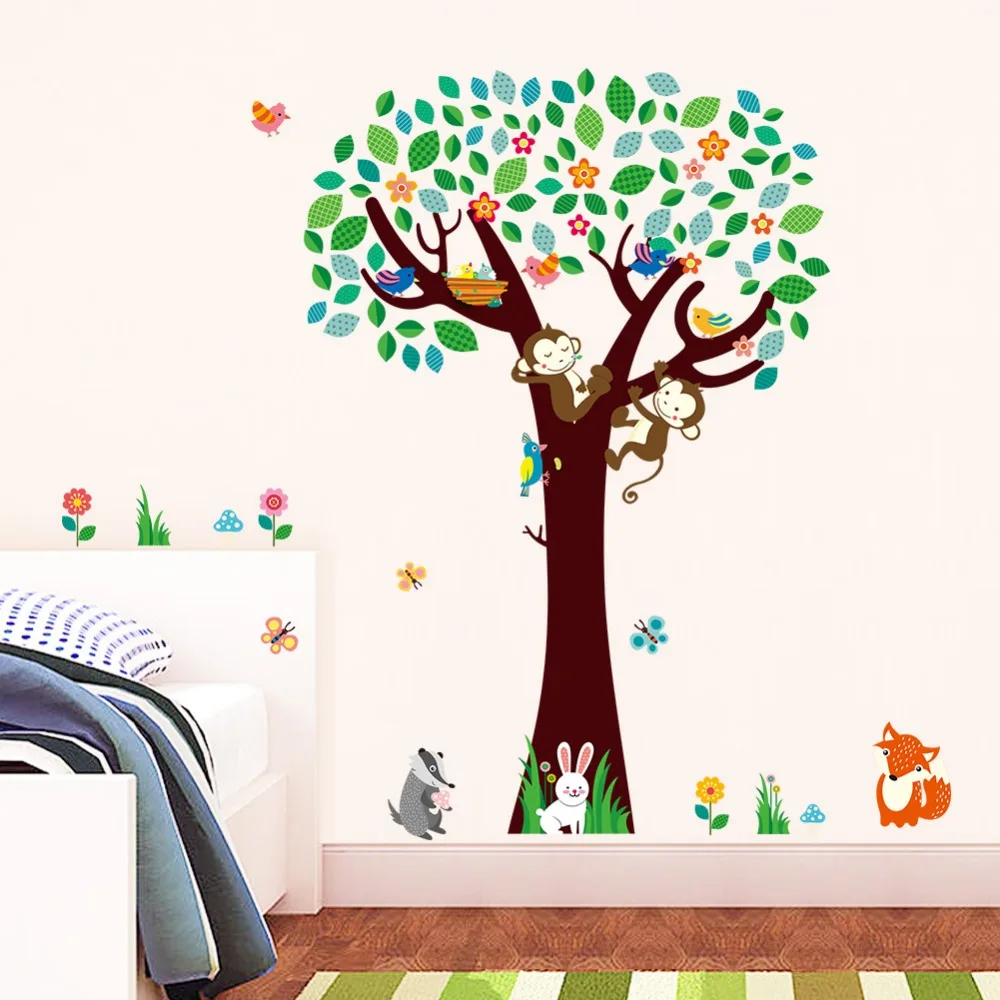 decorative kids rooms baby nursery bedroom decor monkeys fox birds animals tree wall stickers home decal mural wallpaper poster