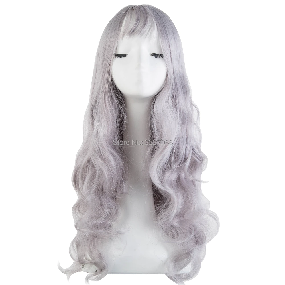 Fei-Show Synthetic Heat Resistant Fiber Long Curly Silver Grey Thin Bangs Hair Costume Cosplay Wigs Carnival Events Hairpiece