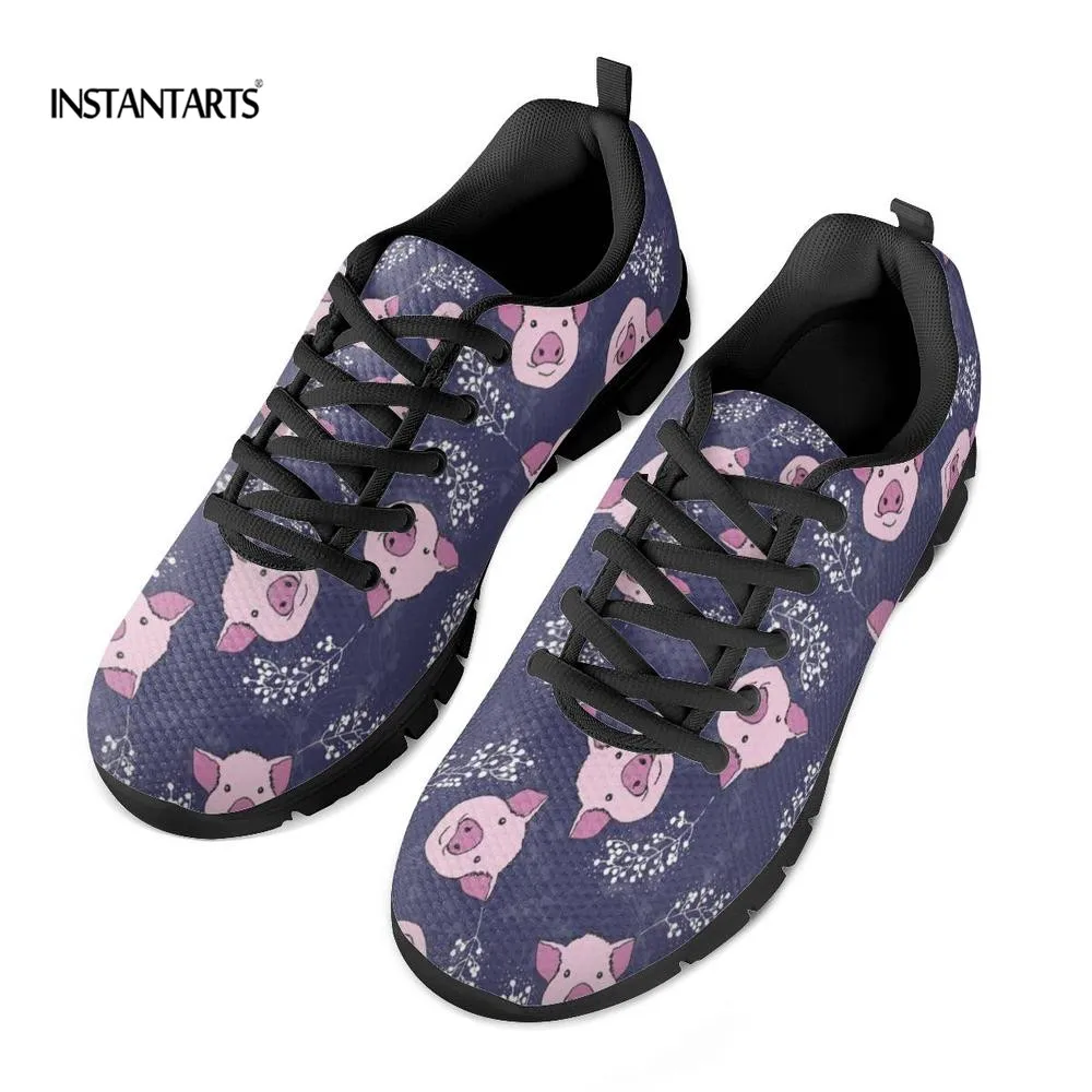 

INSTANTARTS Comfortable Casual Flats Women Breathable Mesh Flats Tenis Female Cute Pig Printing Woman's Leisure Lace Up Sneakers
