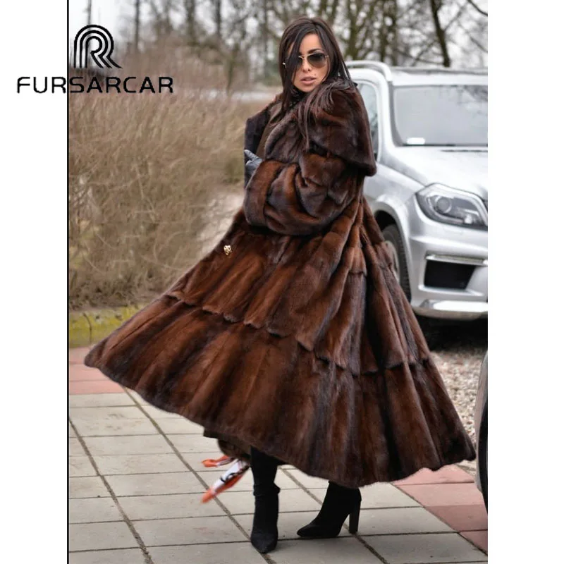 FURSARCAR 2018 New Arrival Luxury Natural Mink Fur Coat Women With Big Turn-down Collar 120 CM Long Real Mink Fur Female Coat Coats
