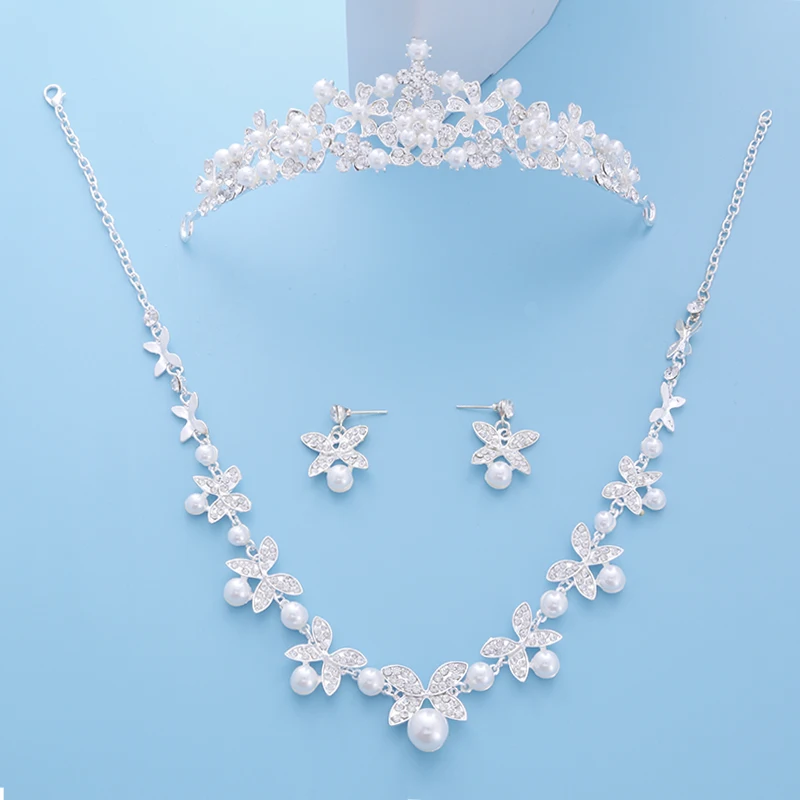 Bride Diaries Wedding Accessories Simulated Pearl Tiara Crown Earrings Necklaces Set Silver Plated Bridal Jewelry Sets (5)
