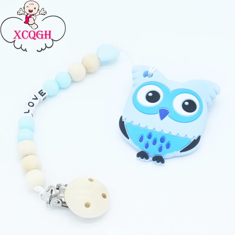

XCQGH Personized Name Newborn Baby Teether Nursing Pacifier Clips Wooden Bead Teething Owl Stroller Toy Gender Neutral Clip