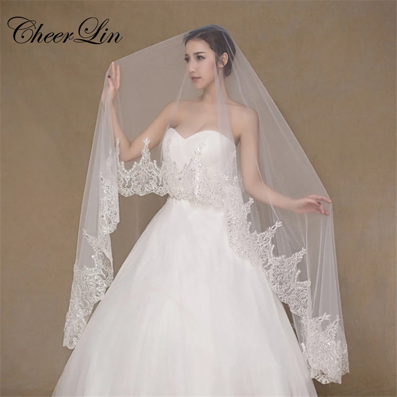 Wholesale 3 Meter Ivory Wedding Veils Long Beaded Lace Edge Bridal Veil (2)