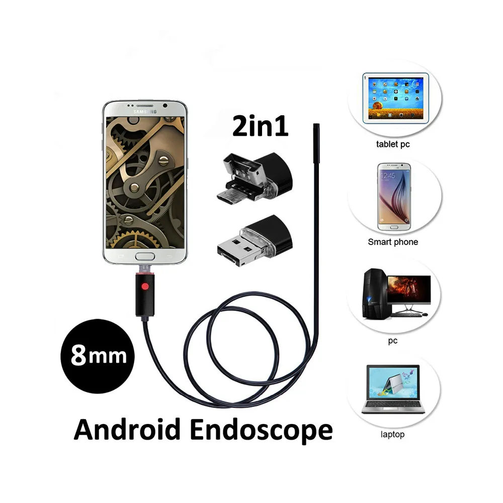 

Endoscope 2in1 Android USB Endoscope Camera 8mm 2M 5M 10M OTG USB Snake Tube Inspection HD 720P Borescope Camera 6LED Waterproof