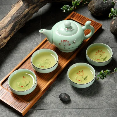 Набор чайных чашек Longquan celadon, ручная роспись, набор чайных чашек кунг-фу, рыба, цветок лотоса, чайный набор, керамика, китайский стиль, домашний чайный набор - Цвет: 01 Sets