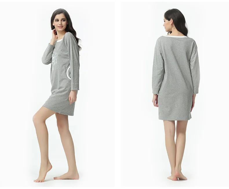 Осенняя брендовая Домашняя одежда, Женская Повседневная Ночная рубашка с карманом, женское Хлопковое платье для сна, женское платье с рукавом три четверти - Цвет: Gray