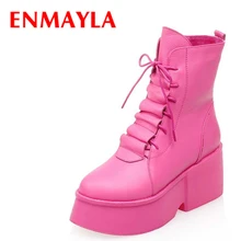 ENMAYLA Flats Platform Lace-up Ankle Boots for Women 7.5cm Platform High Heels Punk Rock Shoes Woman Martin Boots Pink White fedonas new fashion ankle boots for women platforms punk rock night club party shoes woman lace up martin shoes basic boots