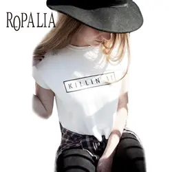 ROPALIA Для женщин топы с буквенным принтом Повседневная футболка Sexy Тонкий забавные Футболка короткий рукав рубашки