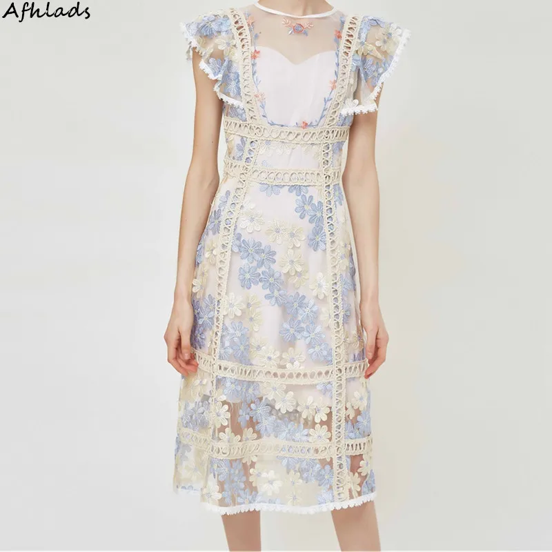 

Spring And Summer Ladies New Designer High Quality Lace Dress Hollow Out Embroidered Patchwork Ruffles Midi Vestidos Dress