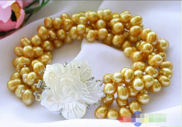 

Free shipping 4ROW 7MM yellow RICE FRESHWATER CULTURED PEARL BRACELET 1674 @^Noble style Natural Fine jewe