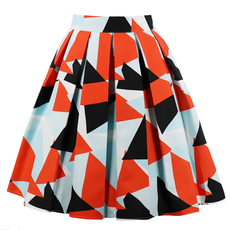 

Geometric Patterns Summer Skirts Womens 2018 High Waist Pleated Skirt Vintage A-Line Casual Big Swing Women Midi Skirt Hot Sale