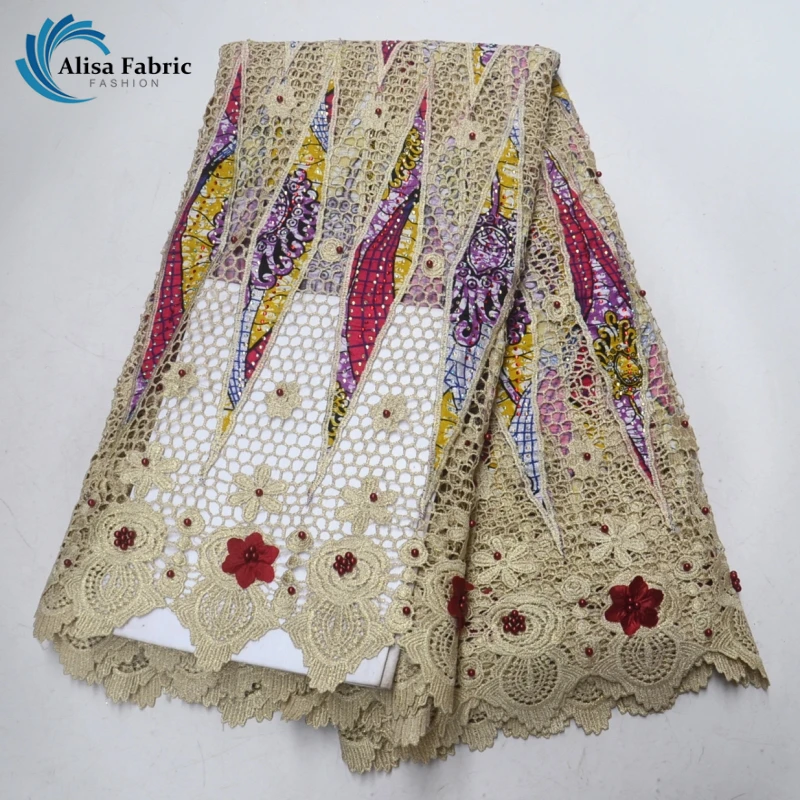 

African Ankara Wax cord Lace Fabric Embroidery with Beads and Stones 5 Yards/pcs African Wax Lace fabric For Party Wedding dress