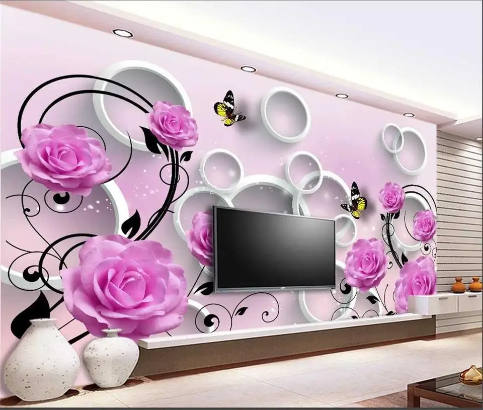 

custom living room mural 3d photo wallpaper non-woven wall sticker pink rose flower circle 3d painting background 3d wall mural