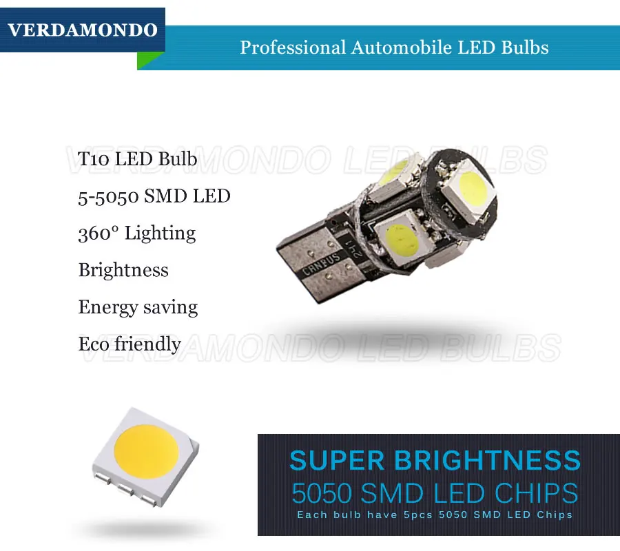 T10 W5W Canbus 5smd 5050 Светодиодная Автомобильная Лампа 194 168 лампочки ошибки DC 12V