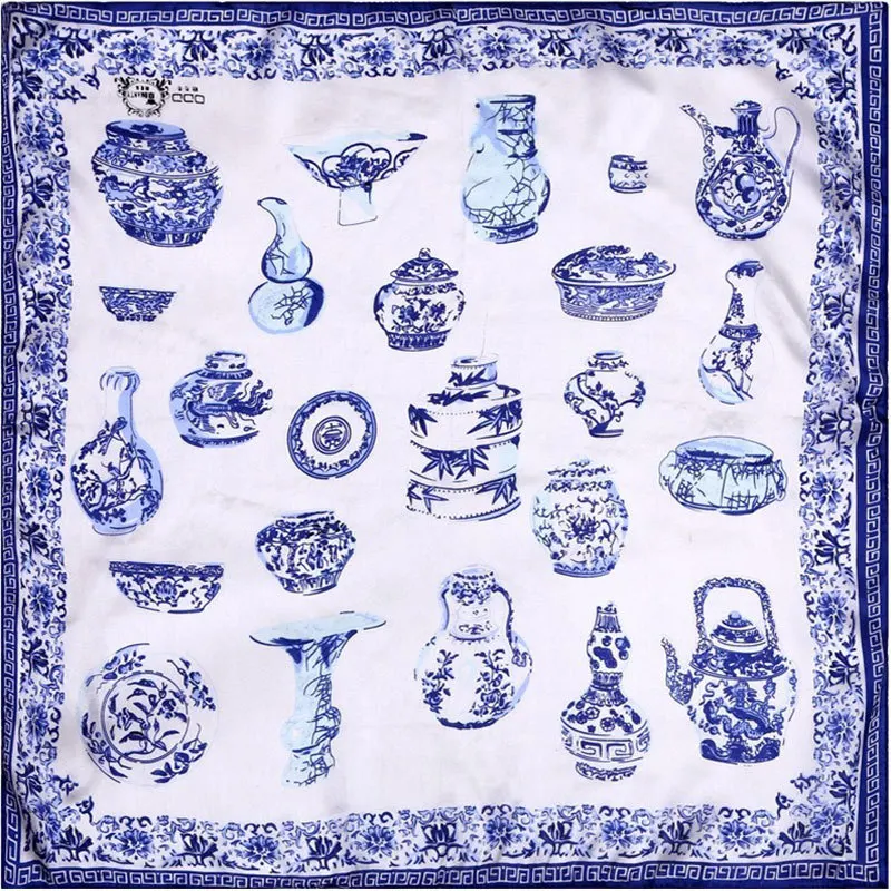 

100% Silk Scarf Women Scarf China Vase Neckerchief Print Small Square Silk 2019 Foulard Female Bandana Nice Gift for Office Lady
