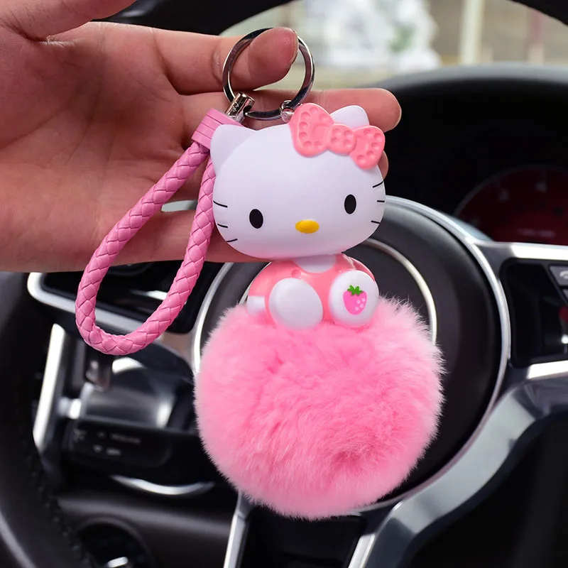

Leather Rope Bear Car Key Charm Cartoon Anime Hello Kitty Lucky Cat Keychain Fluffy Rabbit Fur Pom Bag Key Chain Ring Holder
