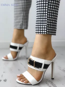 

2019 Sexy Women White Sandals Slip On Stiletto Heels Slide Slippers Buckle Belt Design Pumps Leather Mules Outdoor Shoes Woman