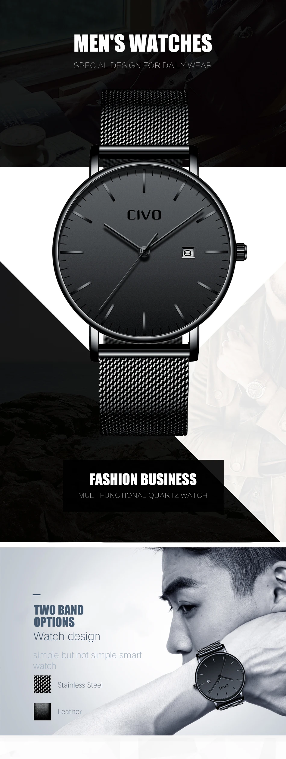 Мужские часы CIVO Лидирующий бренд Роскошные Водонепроницаемые часы ультра тонкие часы для свиданий мужские стальные сетчатые ремешок деловые повседневные кварцевые часы для мужчин