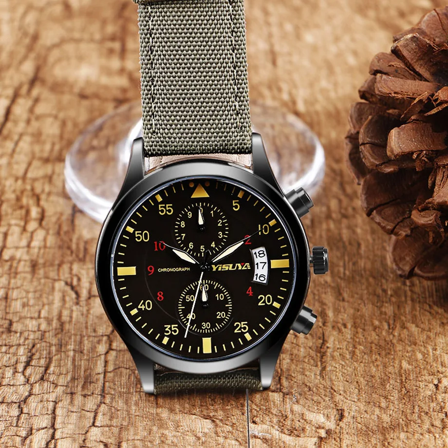 YISUYA Famous Brand Mens Watches Nylon Genuine Leather Wrist Watch Men's Date Chronograph Army Military Clock erkek kol saati (26)