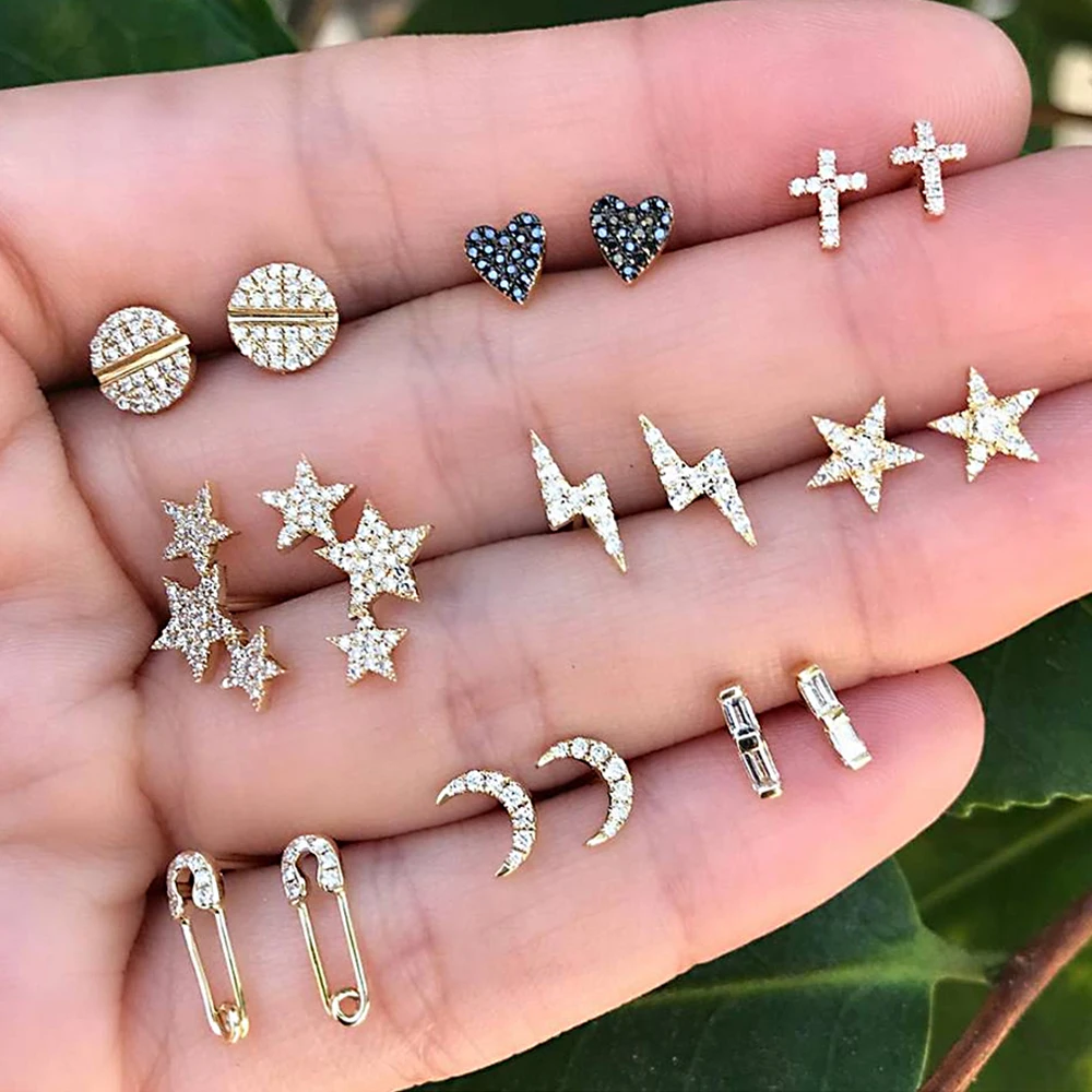 

18 Pcs/set Women Fashion Stars Moon Cross Crystal Heart Gold Stud Earrings Set Punk Temperament Jewelry Accessories