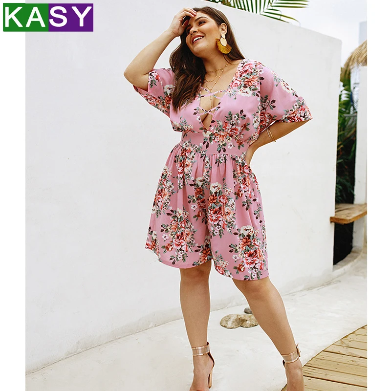 

Hot Plunge deep V neck Florals Summer Playsuits 2019 Women Sexy Bohemian Prints High Waist Beach Jumpsuist Rompers Plus Size 4