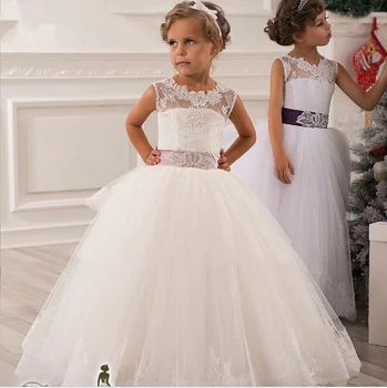 Hot Real Image Ivory White Lace Flower Girls Dresses 2017 Ball Gown Belt Floor Length Girls First Communion Dress Princess Dress