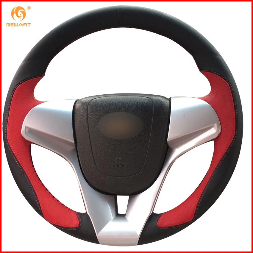 MEWANT Black Leather Red Leather Car Steering Wheel Cover for Chevrolet