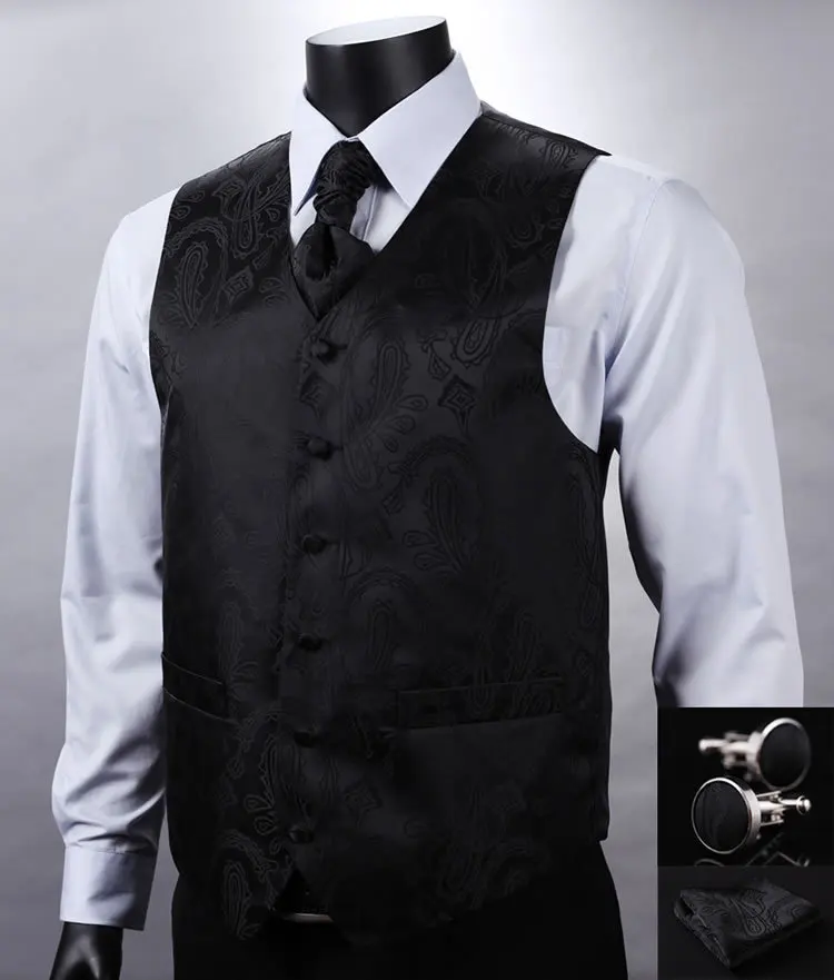 VE08 Black Paisley Top Design Wedding Men 100%Silk Waistcoat Vest ...