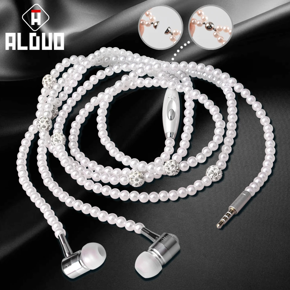 

ALANGDUO Jewelry Pearl Necklace Earphones 3.5mm Colorful Pearl Wire Magnet In Ear Earphone with Mic Necklace fone de ouvido