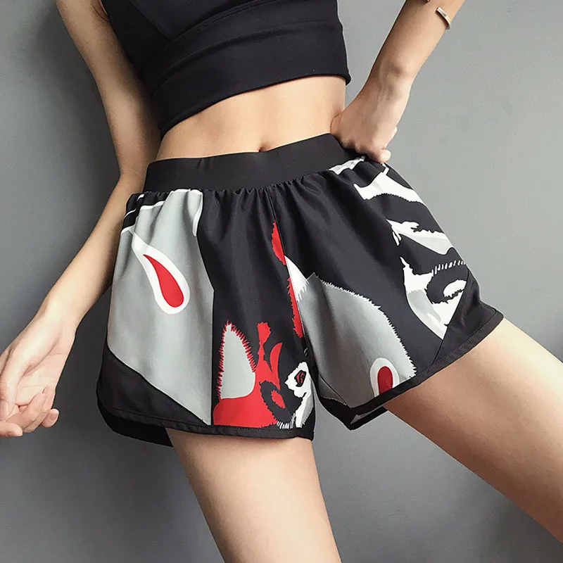 High Waist Sexy Black Sports Shorts Summer Quick-drying Funny Printed Work-out Yoga Shorts Breathable Loose Fold Fitness Shorts1