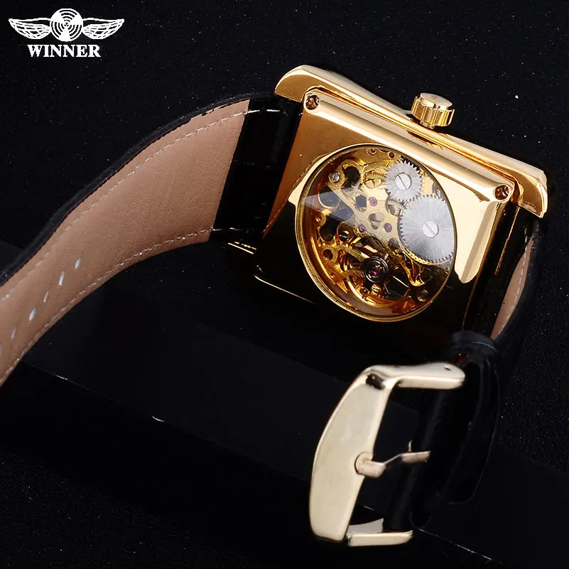 Goede 2016 Winnaar Merk Horloges Mannen Rechthoek Mechanische Hand Wind Horloges Man Golden Skeleton Dial Kunstleer Horloges