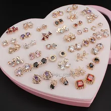 36 пар/лот, женские очаровательные серьги из розового золота для девушек, разноцветные блестящие циркониевые серьги-гвоздики, подарок в коробке