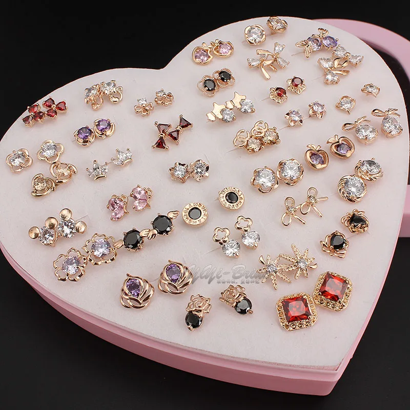 

Wholesale 36 pairs/lot Girl Women's Lady Charming Rose Gold Earrings Mixed Colors Shiny Zircon Ear Stud Earrings Gift With Box