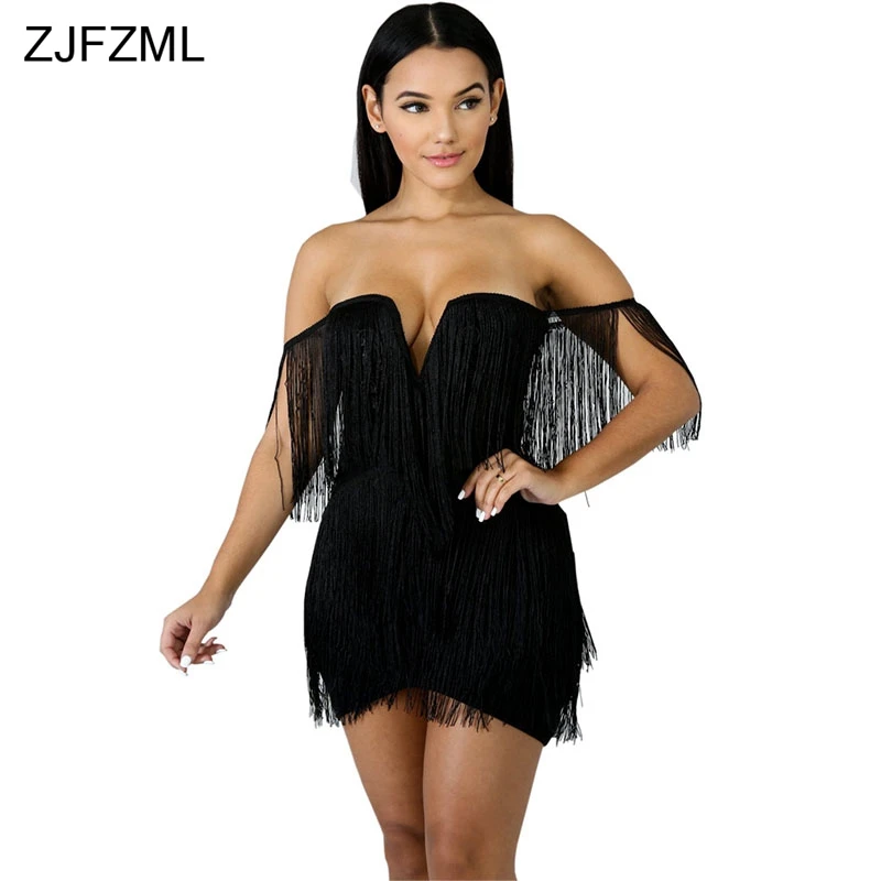 

Backless Off The Shoulder Tassle Dress Women Embroidery Pattern Slash Neck Package Hip Dress Sexy Back Zipper Bodycon Mini Dress