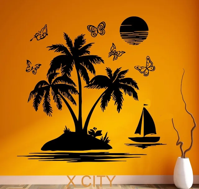Tropical Scenery Palm Beach Island Black Wall Art Decal Sticker