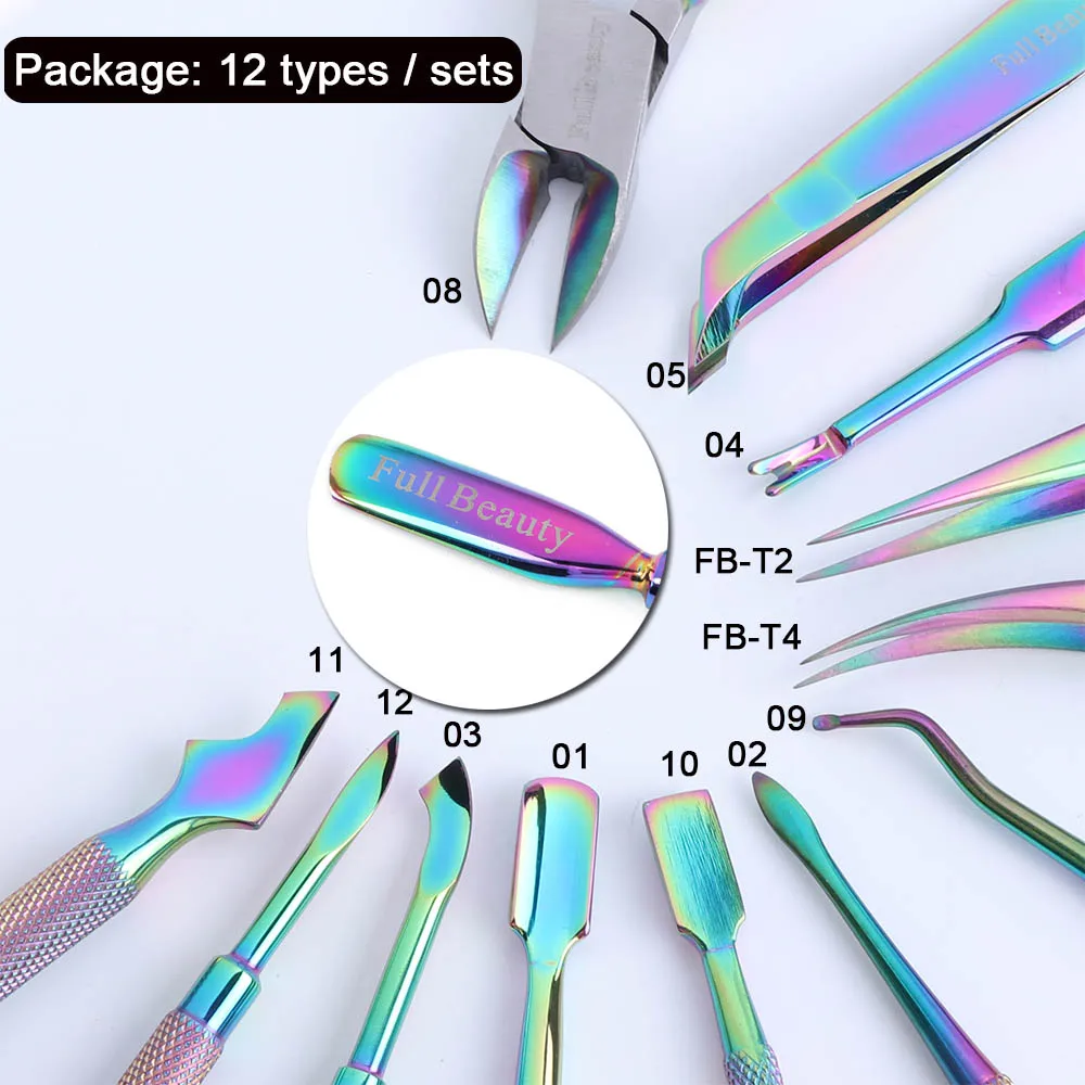 12 шт. Радужный Хамелеон из нержавеющей стали для дизайна ногтей кутикулы Пинцет для удаления омертвевшей кожи гель для удаления ножниц Наборы инструментов JIT12