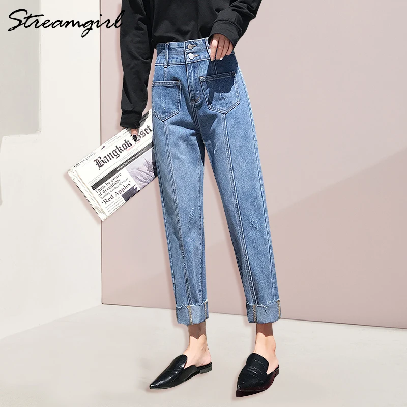 

Streamgirl Female Jeans With High Waist Women Straight Pocket Jean Femme Ladies Jeans Pants Capris Denim Pants Women Jean 2019