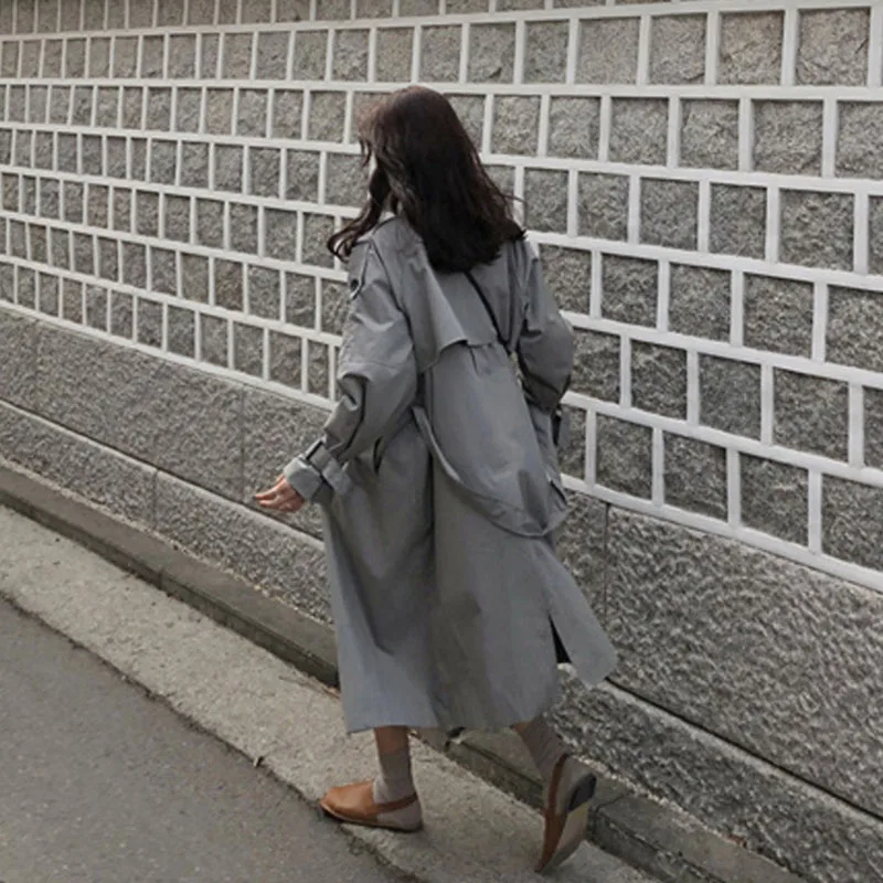 Manteaux Style Coupe Gray Coréen Grande Lâche Femelle Printemps Long Élégant Dames Femmes Manteau vent Taille Pardessus Outwear Trench khaki coat qXw7TT