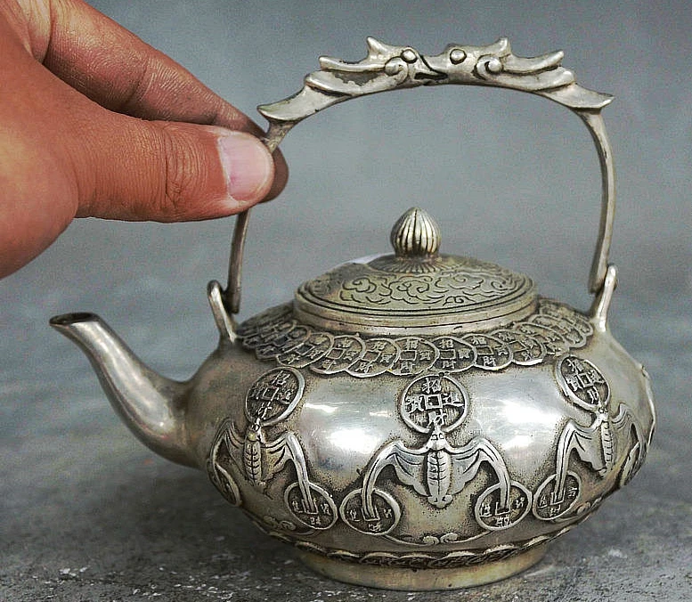 Marked Chinese Silver Wealth Bat Money Coin Fu Beast Head Teapot Statue Wine Pot | Дом и сад