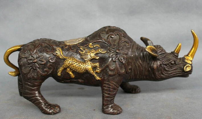 

song voge gem S2526 10" Chinese Bronze Gilt Folk Kylin Flower Rhino Rhinoceros Horn Statue Animals