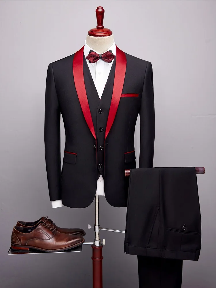 Дизайнерские черные, красные мужские костюмы-смокинги, формальный жених свадьба, выпускной Блейзер, мужской костюм из 3 предметов, корейский деловой костюм, приталенный