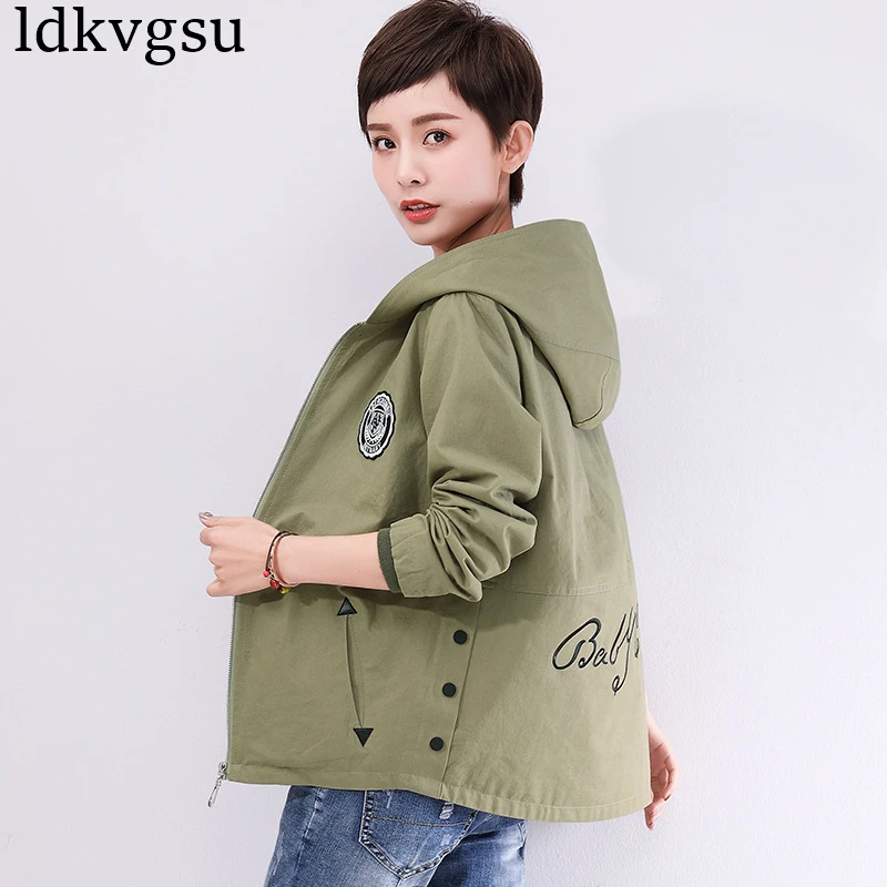 

2019 Spring Autumn New Plus Size Loose Women's Clothing Embroidery Hooded Jacket Cotton Casual Long Windbreaker Coat Female v820