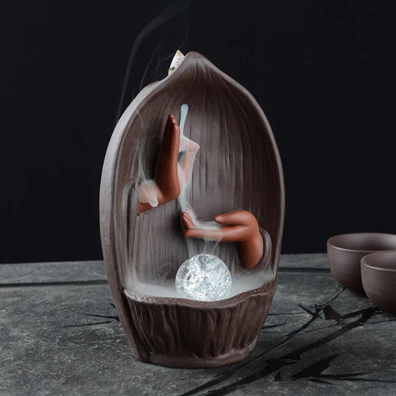 

With 10Pcs Cones Purple Clay Incense Burner Buddha Hand Backflow Incense Burner Lotus Incense Burner LED Crystal ball insence