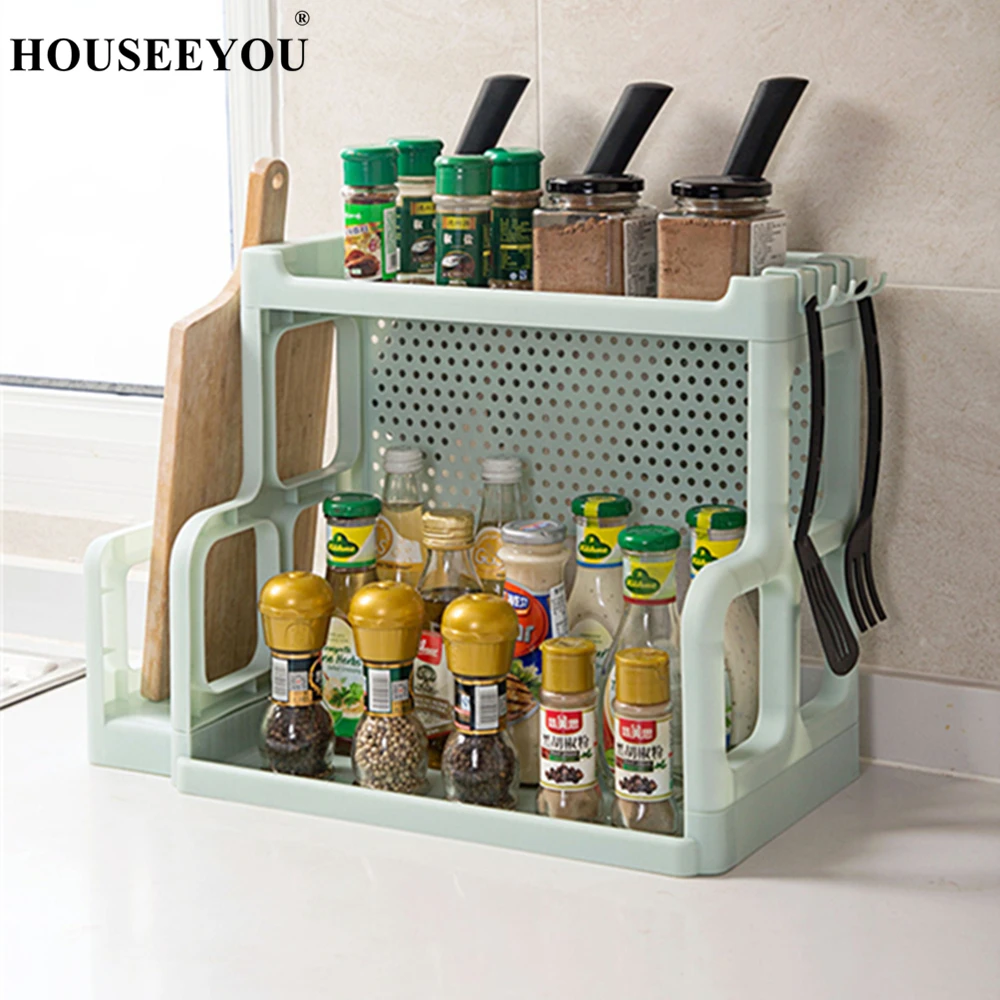 

Plastic Double Layer Kitchen Seasoning Sauce Spices Oil Bottle Storage Rack Cutting Board Knife Lid Holder Stand Rest Hooks